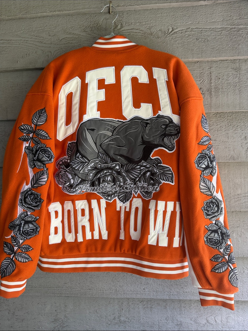 OFCL Orange and White Varsity Bomber Jacket with Rose Appliqués